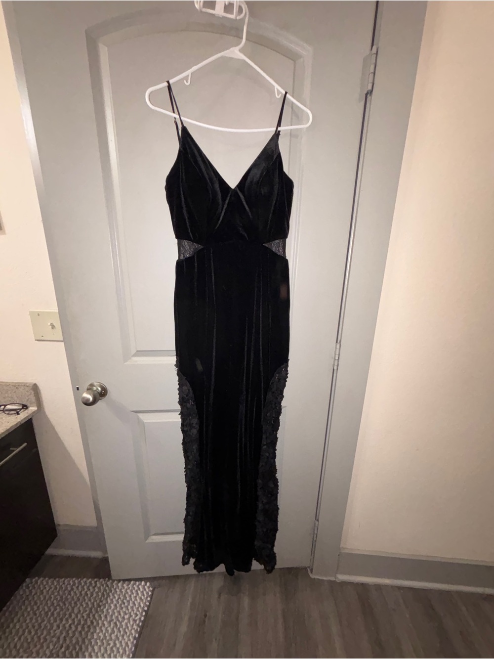 Elegant Black Velvet Evening Dress with Lace Panels